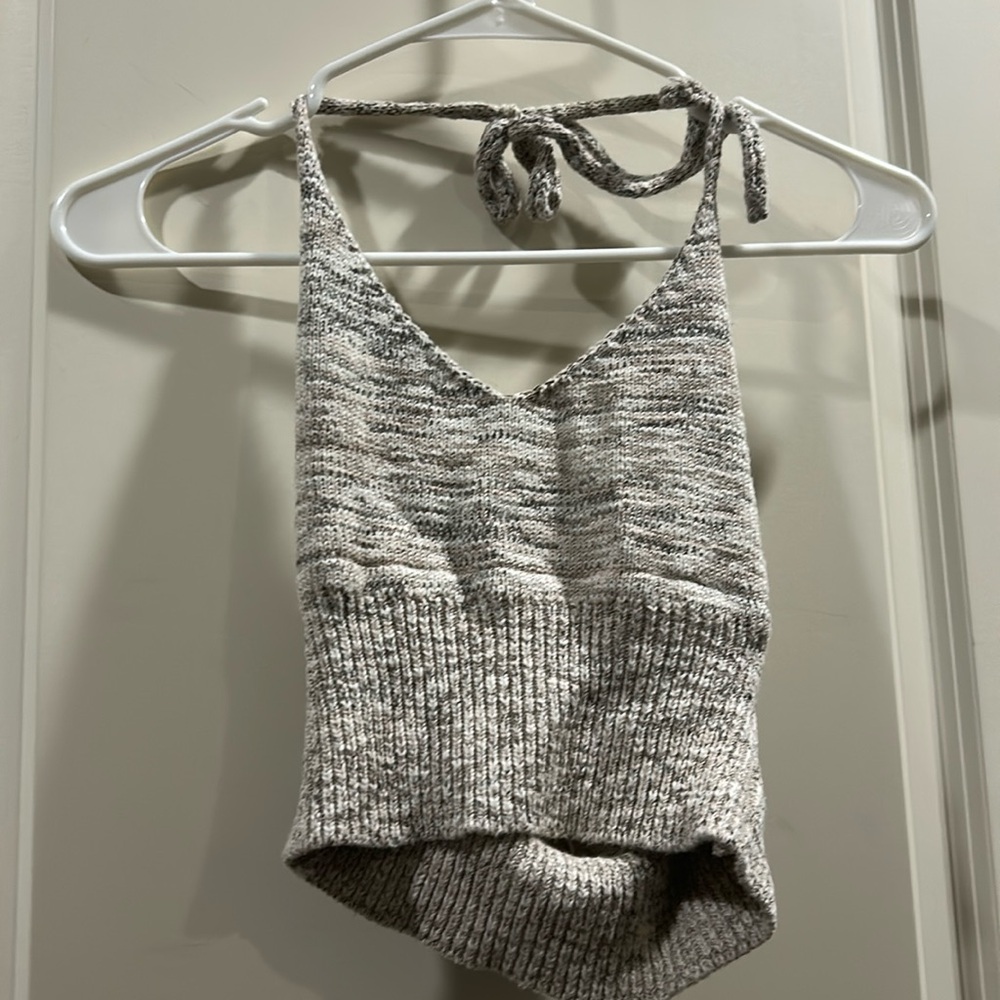 Debut knit halter crop ribbed sweater top self tie women’s size S/M beige tan